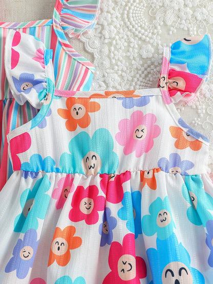 3pcs Baby Girl White Floral Summer Cute Holiday Ruffle Sleeve Dress Set Rainbow Striped Print & Solid Color Dress For Party Vacation & Daily Wear