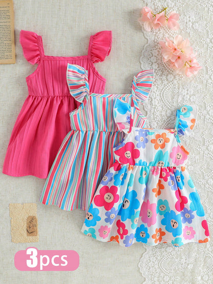 3pcs Baby Girl White Floral Summer Cute Holiday Ruffle Sleeve Dress Set Rainbow Striped Print & Solid Color Dress For Party Vacation & Daily Wear