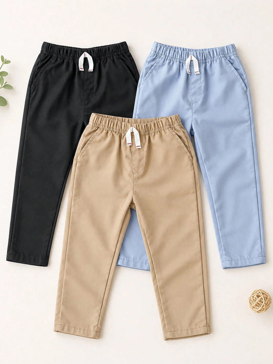 3pcs Boys' Casual Pocket Decor Drawstring Long Pants Set, Thin Solid Color All-Match Style, Suitable For Daily Wear, School, Travel