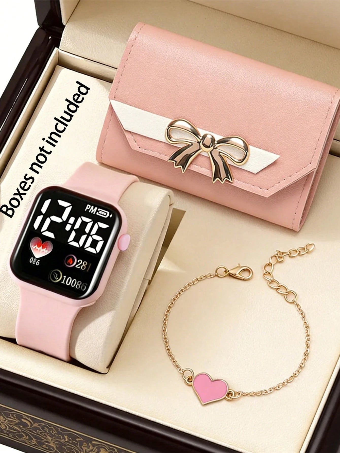3pcs Cute & Fashionable Kids Electronic Watch Set With Pink PU Leather Wallet And Heart-Shaped Bracelet, Luminous Digital Watch, Suitable For Girls, Versatile For Daily Wear And Parties, Great Gift Fo