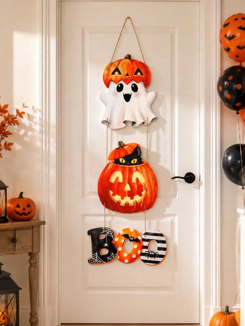 3Pcs Ghost Pumpkin Black Cat Halloween Door Hanging, Matte Laminated Cardstock With Rope For Party Decorations