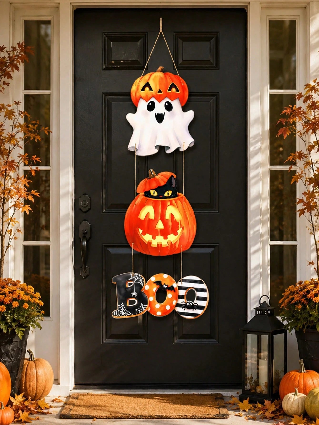 3Pcs Ghost Pumpkin Black Cat Halloween Door Hanging, Matte Laminated Cardstock With Rope For Party Decorations