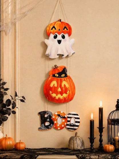 3Pcs Ghost Pumpkin Black Cat Halloween Door Hanging, Matte Laminated Cardstock With Rope For Party Decorations