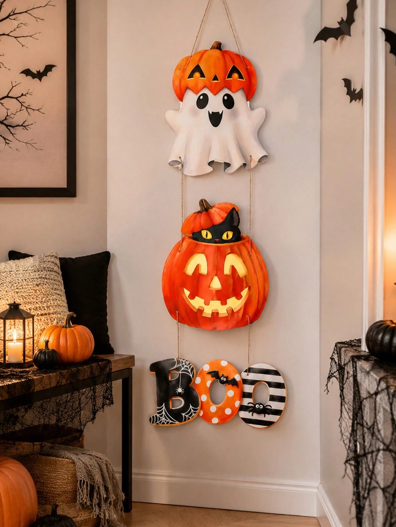 3Pcs Ghost Pumpkin Black Cat Halloween Door Hanging, Matte Laminated Cardstock With Rope For Party Decorations