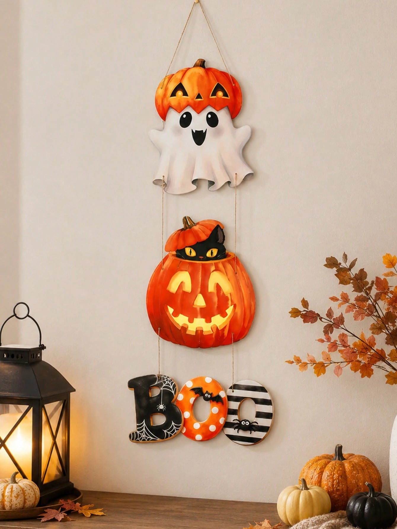 3Pcs Ghost Pumpkin Black Cat Halloween Door Hanging, Matte Laminated Cardstock With Rope For Party Decorations