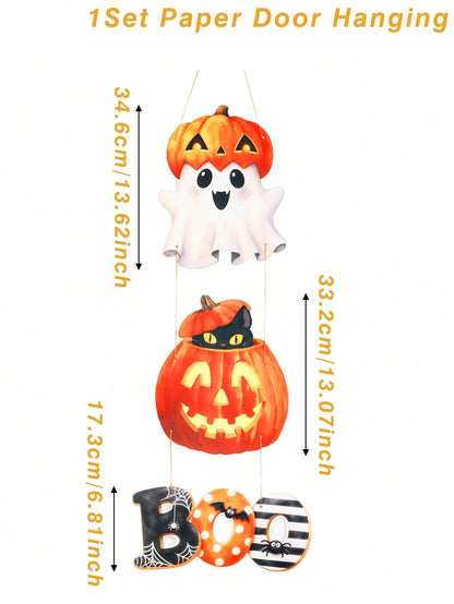 3Pcs Ghost Pumpkin Black Cat Halloween Door Hanging, Matte Laminated Cardstock With Rope For Party Decorations