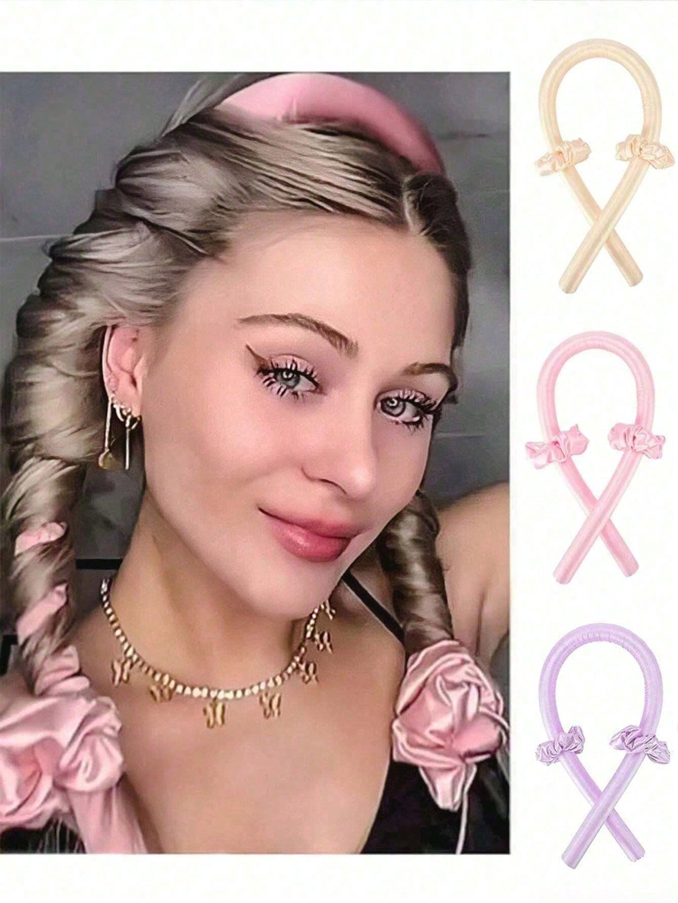 3pcs Heatless Curling Hair Band Set, Heatless Hair Curler, Silk Curling Band, Soft Sponge Sleep Hair Band, Sleep Curling Set, Women's Long Hair Styling Tool, Lazy Curling Styling Tool (Pink) Home Bath