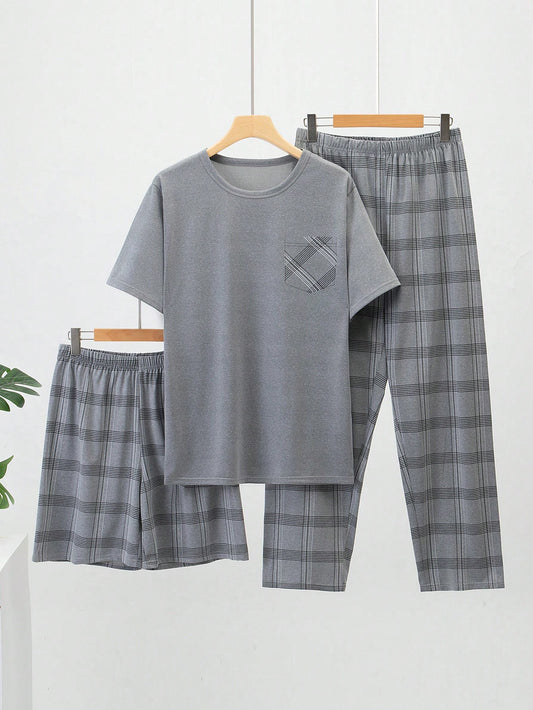 3pcs Men's Lightweight Pajama Set, Short Sleeve Shirt & Shorts, Short Sleeve Shirt & Pants, Plaid Summer Sleepwear