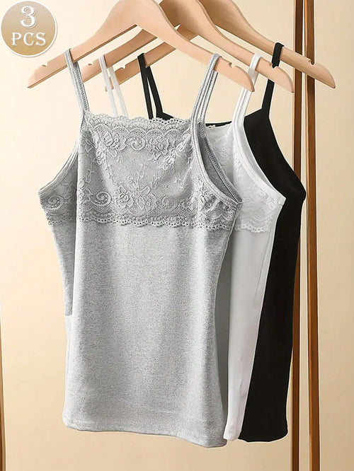 3pcs New Modal Lace Camisole Tank Tops For Women, Summer Sleeveless Close-Fitting Undershirt, Versatile Camis