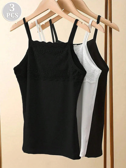 3pcs New Modal Lace Camisole Tank Tops For Women, Summer Sleeveless Close-Fitting Undershirt, Versatile Camis