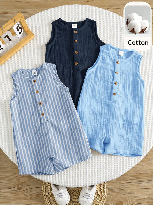 3pcs Newborn Baby Unisex Casual Striped Sleeveless Romper & Bib Shorts Set, Suitable For Outing And Vacation
