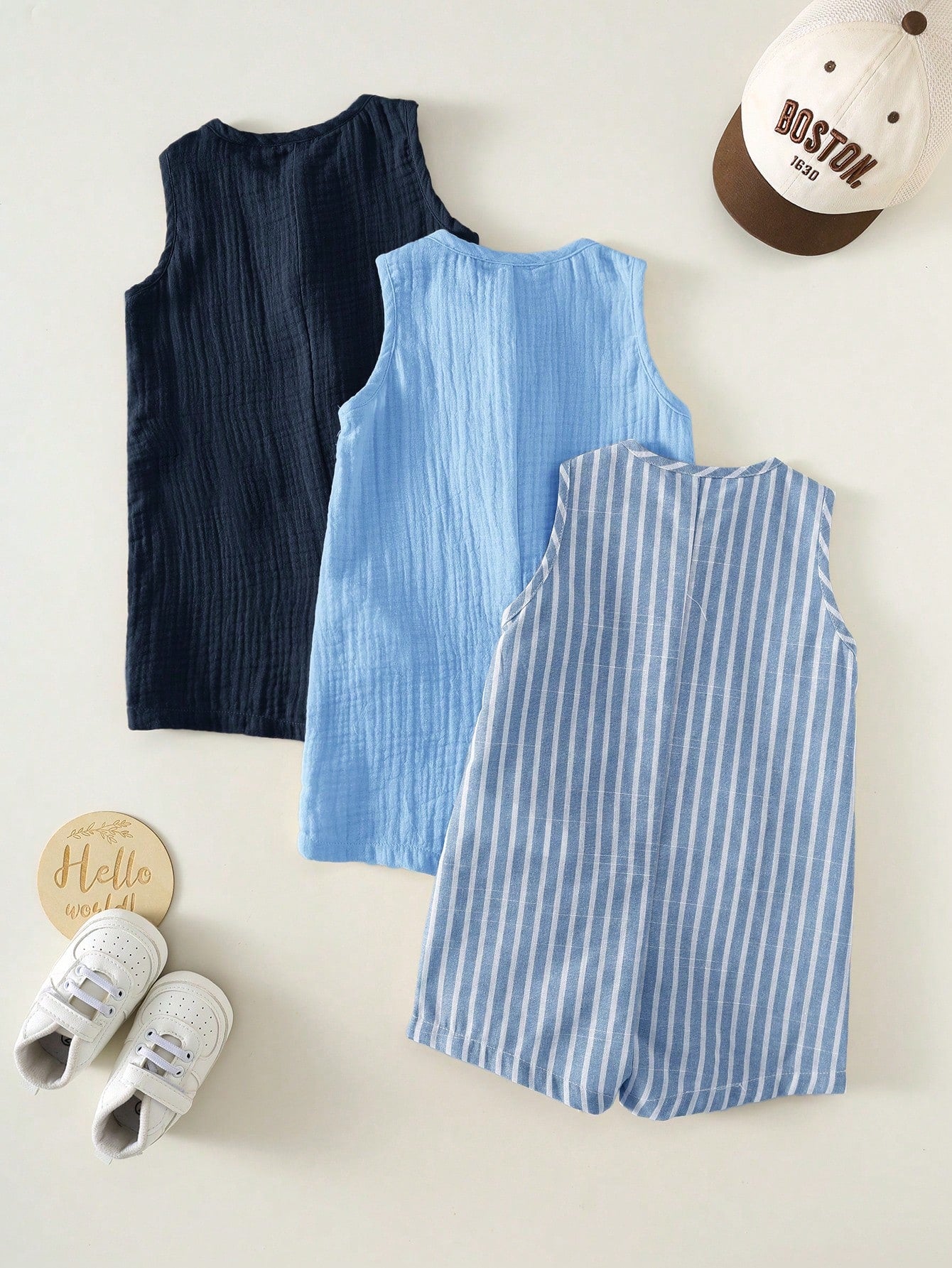 3pcs Newborn Baby Unisex Casual Striped Sleeveless Romper & Bib Shorts Set, Suitable For Outing And Vacation