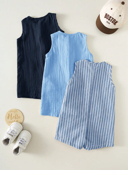 3pcs Newborn Baby Unisex Casual Striped Sleeveless Romper & Bib Shorts Set, Suitable For Outing And Vacation