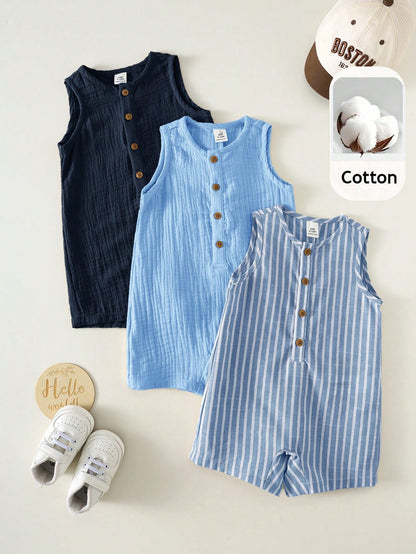 3pcs Newborn Baby Unisex Casual Striped Sleeveless Romper & Bib Shorts Set, Suitable For Outing And Vacation
