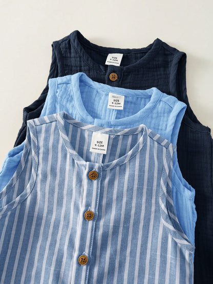3pcs Newborn Baby Unisex Casual Striped Sleeveless Romper & Bib Shorts Set, Suitable For Outing And Vacation