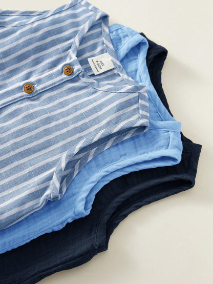 3pcs Newborn Baby Unisex Casual Striped Sleeveless Romper & Bib Shorts Set, Suitable For Outing And Vacation