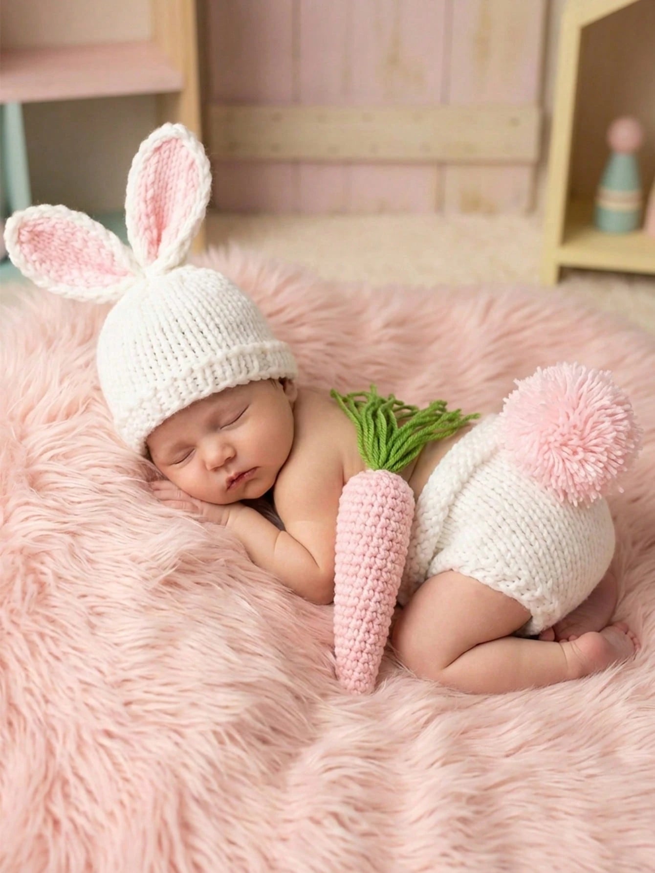 3pcs Newborn Photography Props Cute Handmade Crochet Rabbit Outfit Set, Including Ear Hat, Pom Pom Shorts, And Carrot, Suitable For Studio Shooting