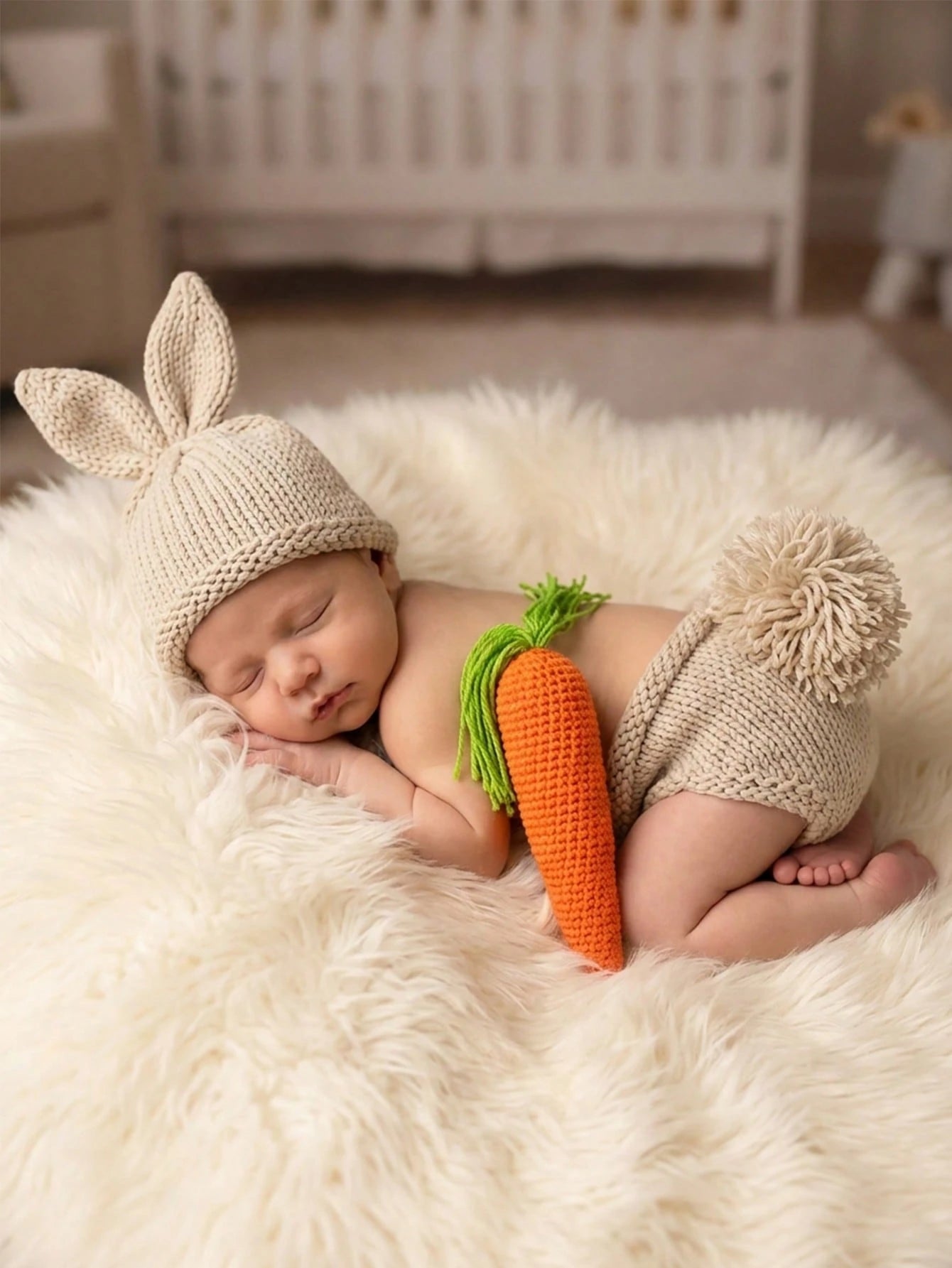 3pcs Newborn Photography Props Cute Handmade Crochet Rabbit Outfit Set, Including Ear Hat, Pom Pom Shorts, And Carrot, Suitable For Studio Shooting