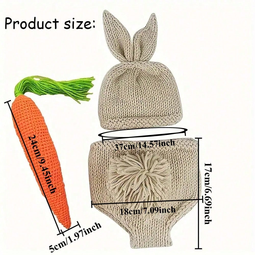 3pcs Newborn Photography Props Cute Handmade Crochet Rabbit Outfit Set, Including Ear Hat, Pom Pom Shorts, And Carrot, Suitable For Studio Shooting