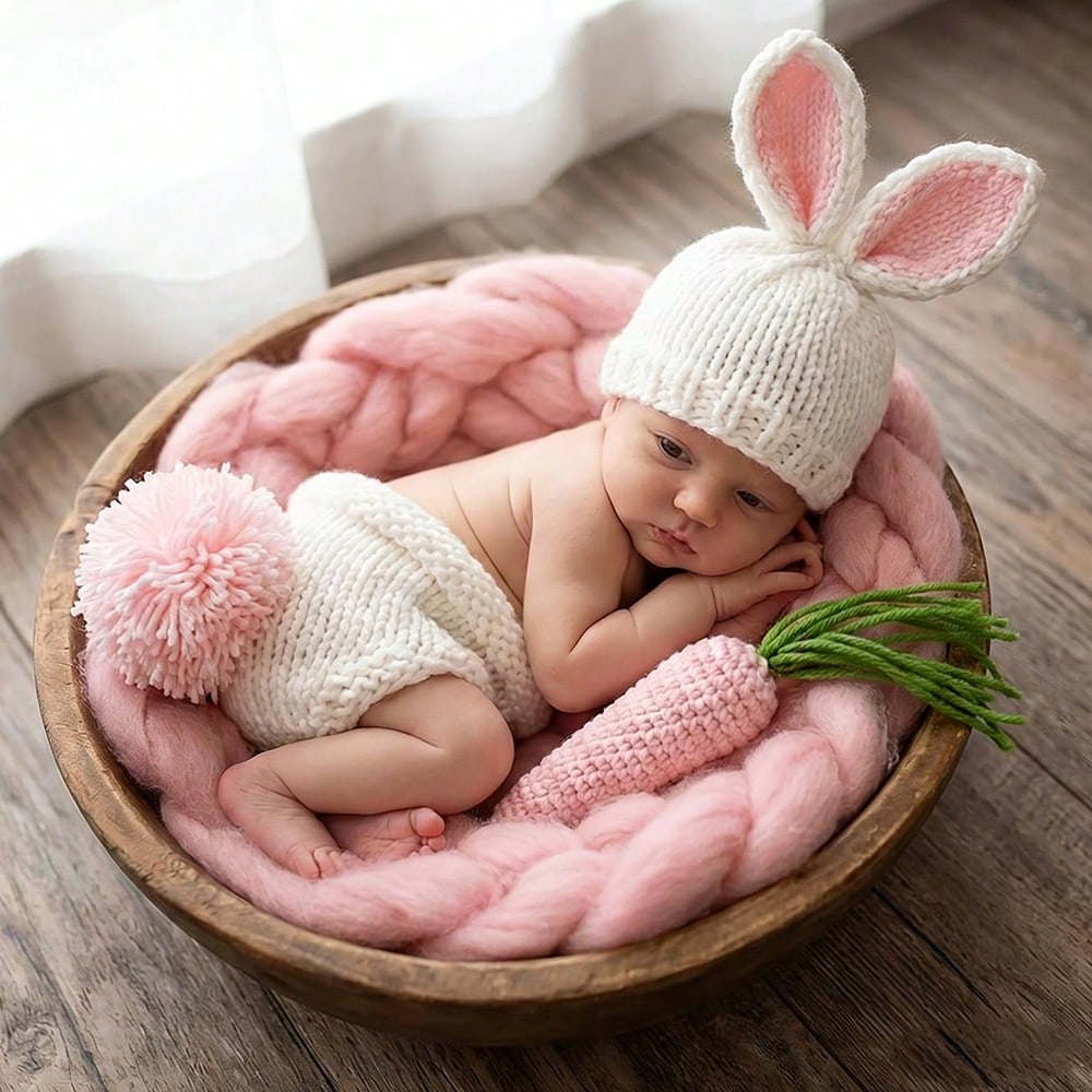 3pcs Newborn Photography Props Cute Handmade Crochet Rabbit Outfit Set, Including Ear Hat, Pom Pom Shorts, And Carrot, Suitable For Studio Shooting