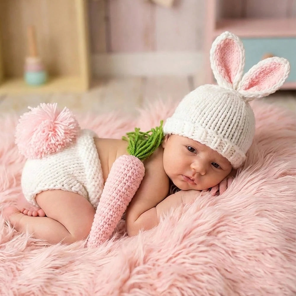 3pcs Newborn Photography Props Cute Handmade Crochet Rabbit Outfit Set, Including Ear Hat, Pom Pom Shorts, And Carrot, Suitable For Studio Shooting