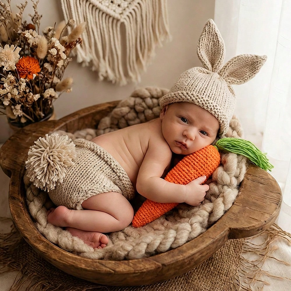 3pcs Newborn Photography Props Cute Handmade Crochet Rabbit Outfit Set, Including Ear Hat, Pom Pom Shorts, And Carrot, Suitable For Studio Shooting