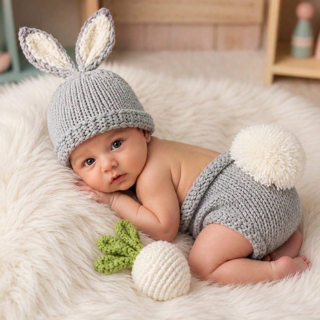 3pcs Newborn Photography Props Cute Handmade Crochet Rabbit Outfit Set, Including Ear Hat, Pom Pom Shorts, And Carrot, Suitable For Studio Shooting