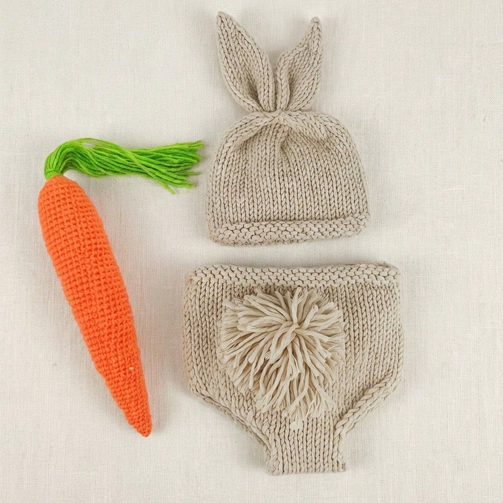 3pcs Newborn Photography Props Cute Handmade Crochet Rabbit Outfit Set, Including Ear Hat, Pom Pom Shorts, And Carrot, Suitable For Studio Shooting
