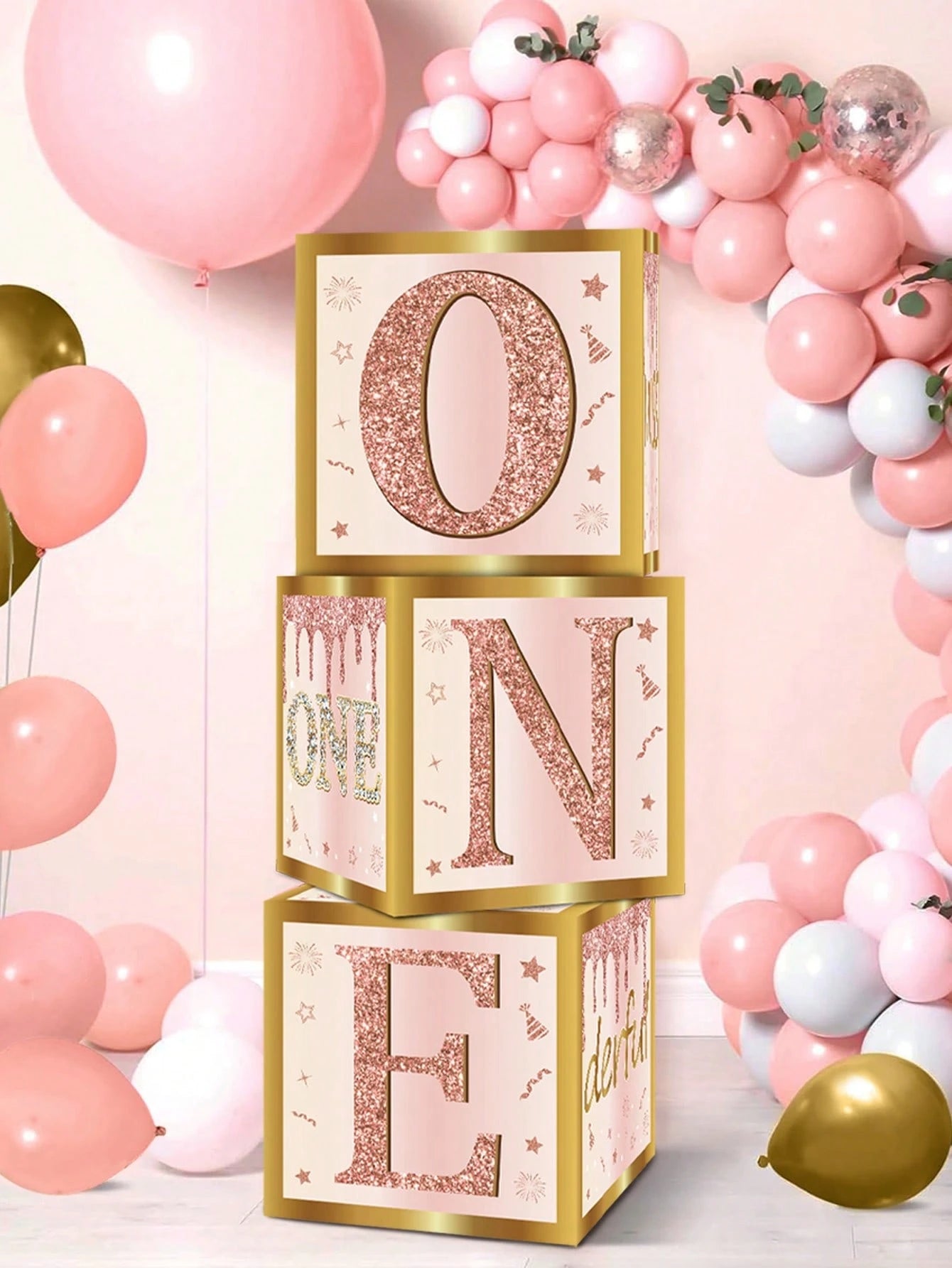 3pcs Pink "ONE" Decorative Box, Pink 1st Birthday Party Background Decor Box, Baby Birthday Party Gift Box, Gender Reveal Decor, Baby Shower Party Photography Prop, 1st Birthday Party Supplies, Party