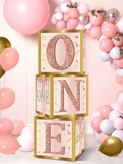 3pcs Pink "ONE" Decorative Box, Pink 1st Birthday Party Background Decor Box, Baby Birthday Party Gift Box, Gender Reveal Decor, Baby Shower Party Photography Prop, 1st Birthday Party Supplies, Party
