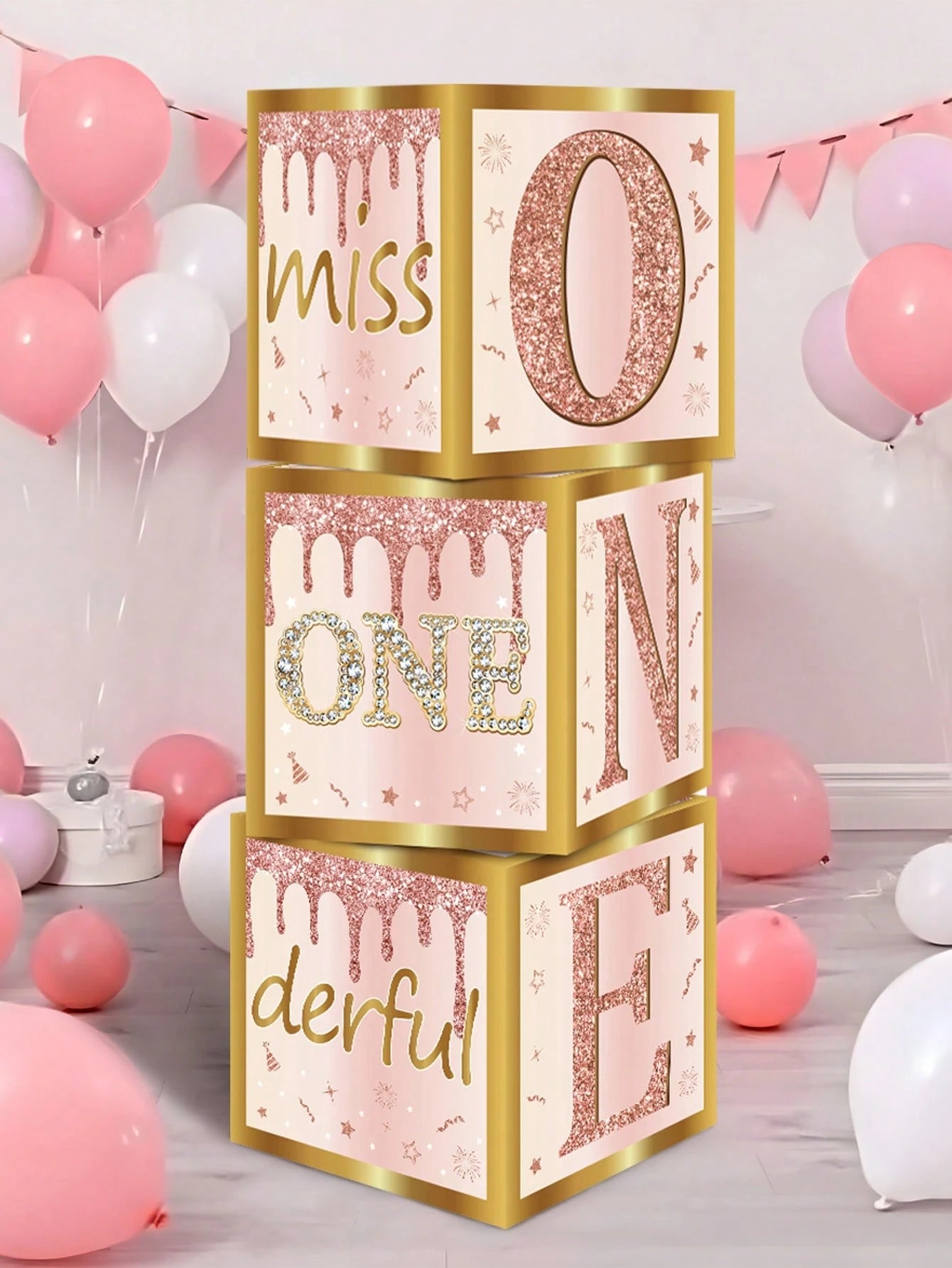 3pcs Pink "ONE" Decorative Box, Pink 1st Birthday Party Background Decor Box, Baby Birthday Party Gift Box, Gender Reveal Decor, Baby Shower Party Photography Prop, 1st Birthday Party Supplies, Party