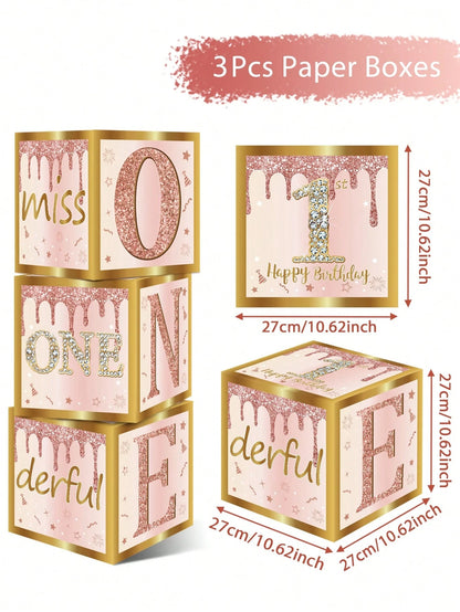 3pcs Pink "ONE" Decorative Box, Pink 1st Birthday Party Background Decor Box, Baby Birthday Party Gift Box, Gender Reveal Decor, Baby Shower Party Photography Prop, 1st Birthday Party Supplies, Party