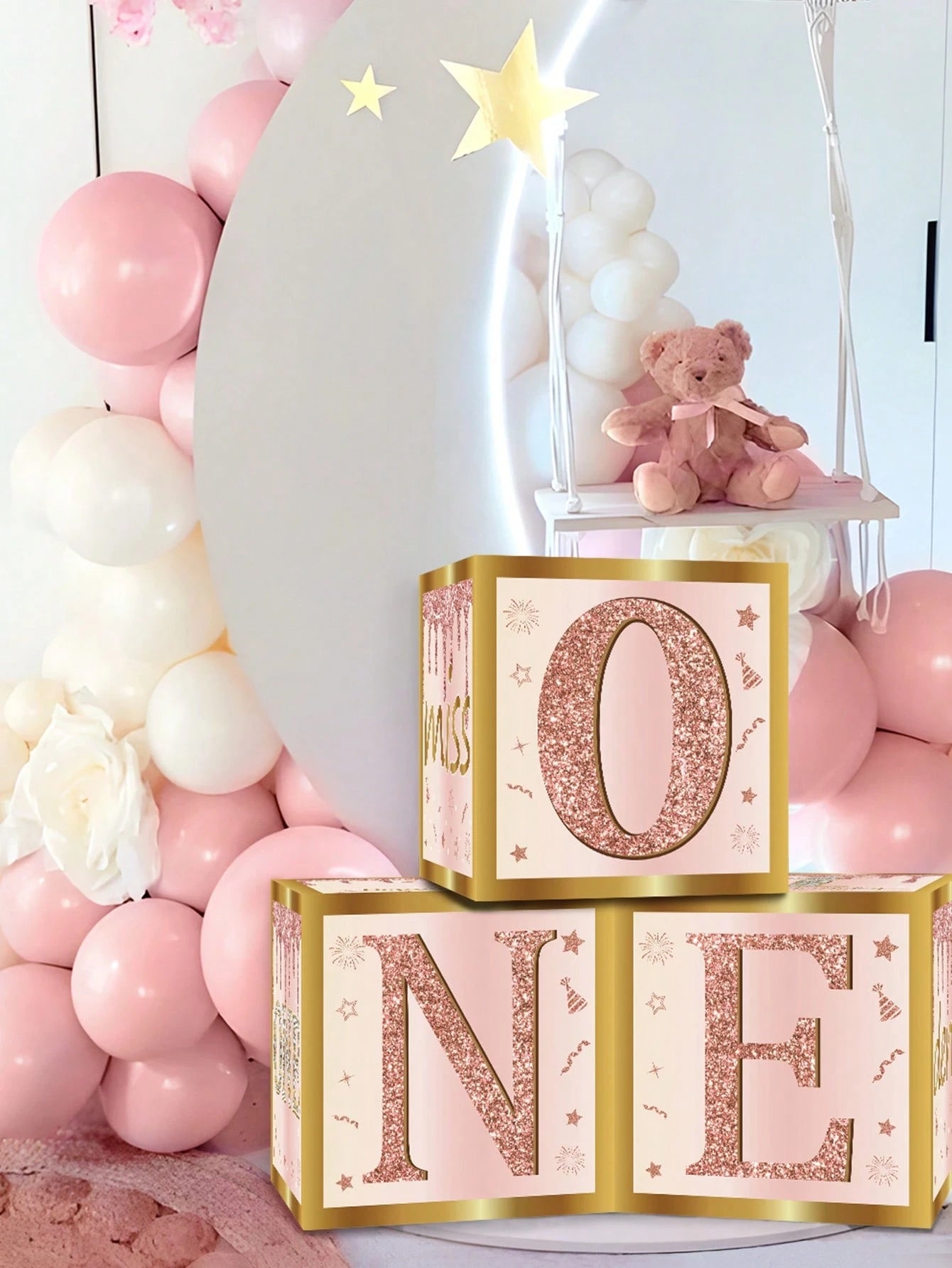 3pcs Pink "ONE" Decorative Box, Pink 1st Birthday Party Background Decor Box, Baby Birthday Party Gift Box, Gender Reveal Decor, Baby Shower Party Photography Prop, 1st Birthday Party Supplies, Party