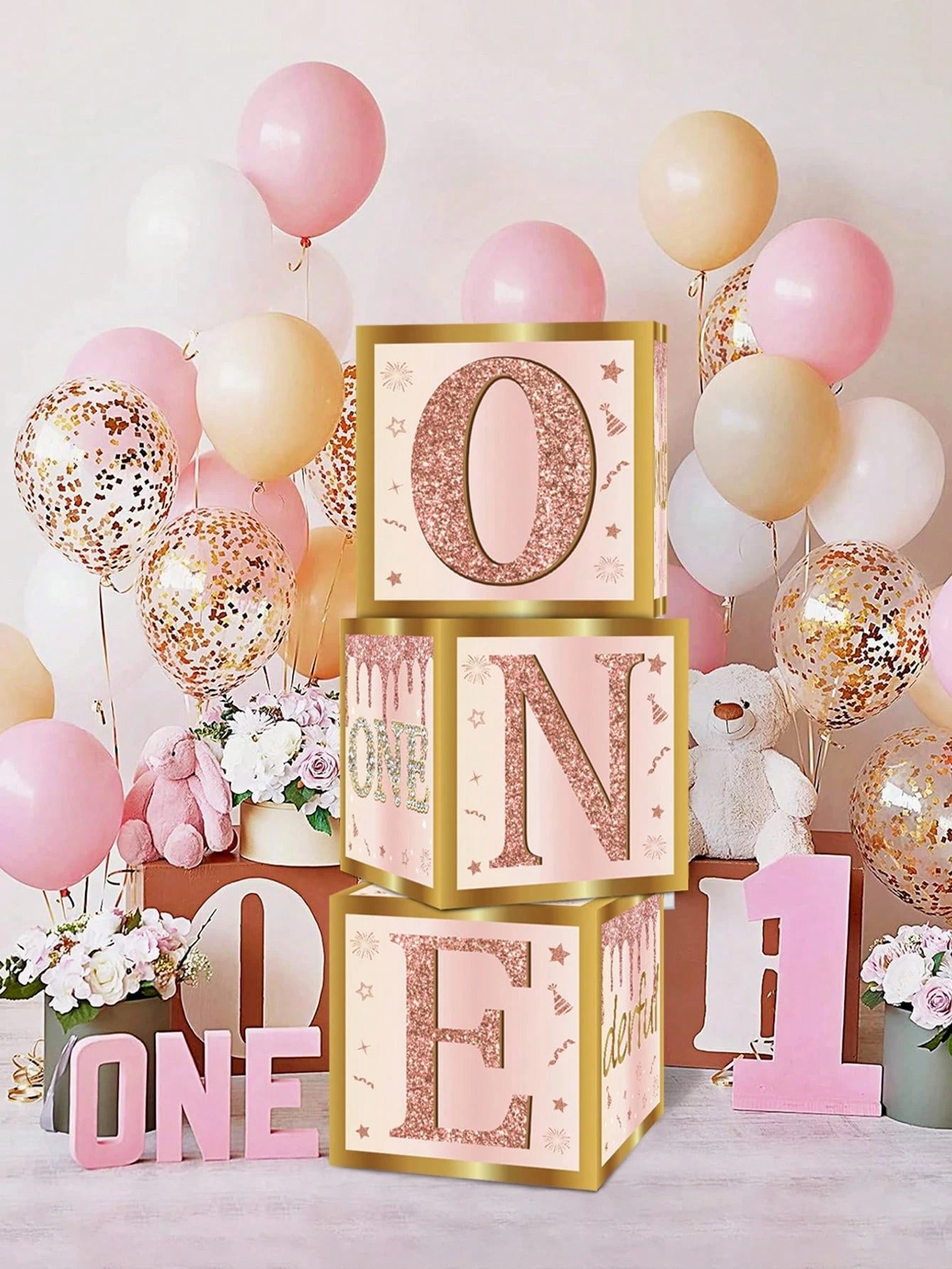 3pcs Pink "ONE" Decorative Box, Pink 1st Birthday Party Background Decor Box, Baby Birthday Party Gift Box, Gender Reveal Decor, Baby Shower Party Photography Prop, 1st Birthday Party Supplies, Party