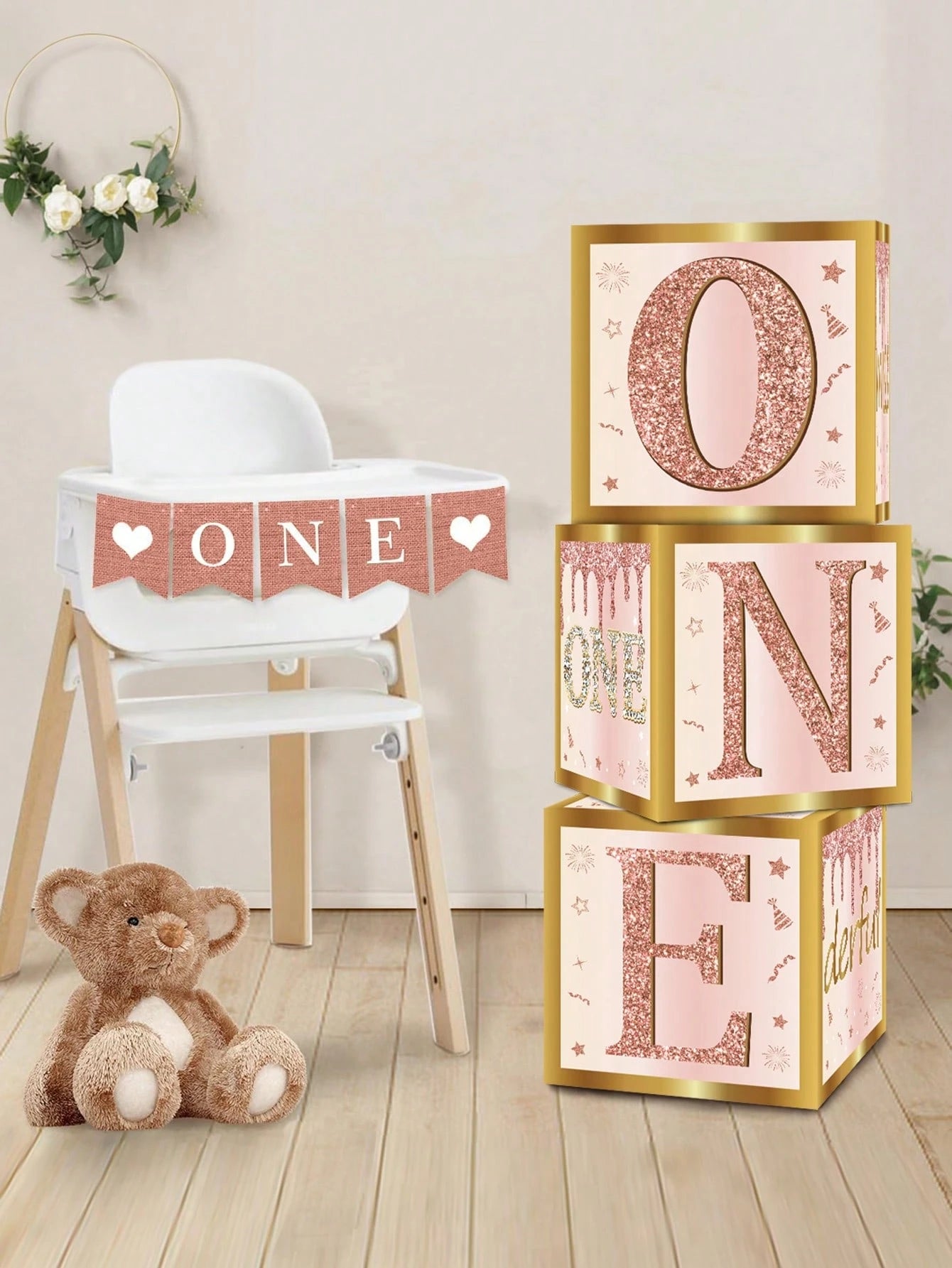 3pcs Pink "ONE" Decorative Box, Pink 1st Birthday Party Background Decor Box, Baby Birthday Party Gift Box, Gender Reveal Decor, Baby Shower Party Photography Prop, 1st Birthday Party Supplies, Party