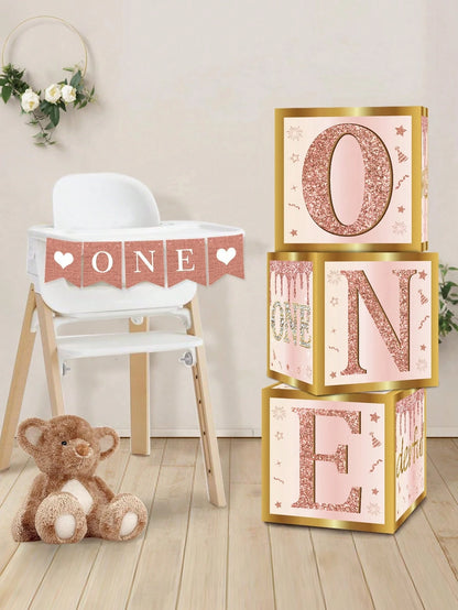 3pcs Pink "ONE" Decorative Box, Pink 1st Birthday Party Background Decor Box, Baby Birthday Party Gift Box, Gender Reveal Decor, Baby Shower Party Photography Prop, 1st Birthday Party Supplies, Party