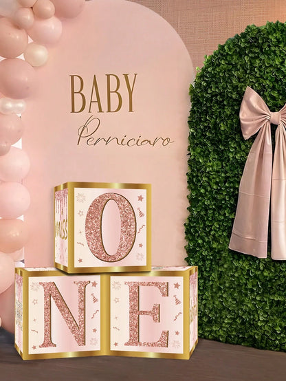3pcs Pink "ONE" Decorative Box, Pink 1st Birthday Party Background Decor Box, Baby Birthday Party Gift Box, Gender Reveal Decor, Baby Shower Party Photography Prop, 1st Birthday Party Supplies, Party