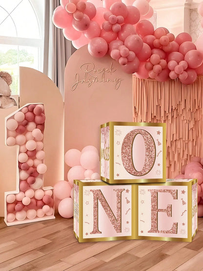 3pcs Pink "ONE" Decorative Box, Pink 1st Birthday Party Background Decor Box, Baby Birthday Party Gift Box, Gender Reveal Decor, Baby Shower Party Photography Prop, 1st Birthday Party Supplies, Party