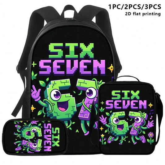 3pcs Polyester Backpack Set Pixel Six Seven Cartoon Number Pattern Includes Durable Large-Capacity Bookpack & Insulated Lunch Bag & Multi-Functional Pencil Case Adjustable Strap And Zipper Compartment