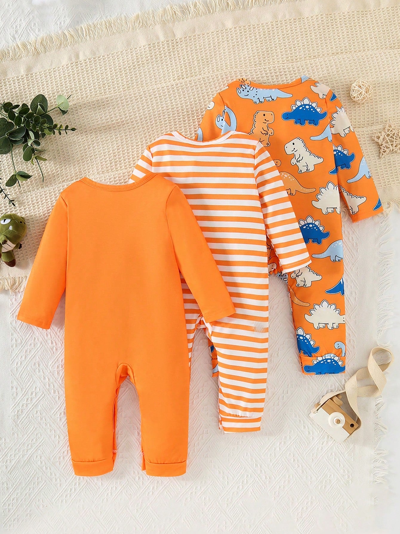3pcs/Set Baby Boy Long Sleeve Romper With Snap Crotch, Striped Dinosaur Print, Basic Fashion Cute Design, Suitable For Spring Summer Autumn Casual Daily Wear And Outings