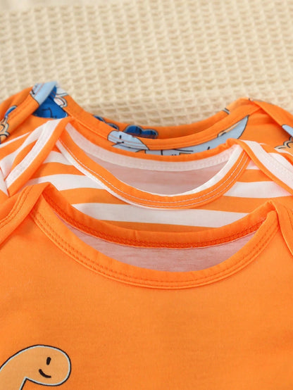 3pcs/Set Baby Boy Long Sleeve Romper With Snap Crotch, Striped Dinosaur Print, Basic Fashion Cute Design, Suitable For Spring Summer Autumn Casual Daily Wear And Outings