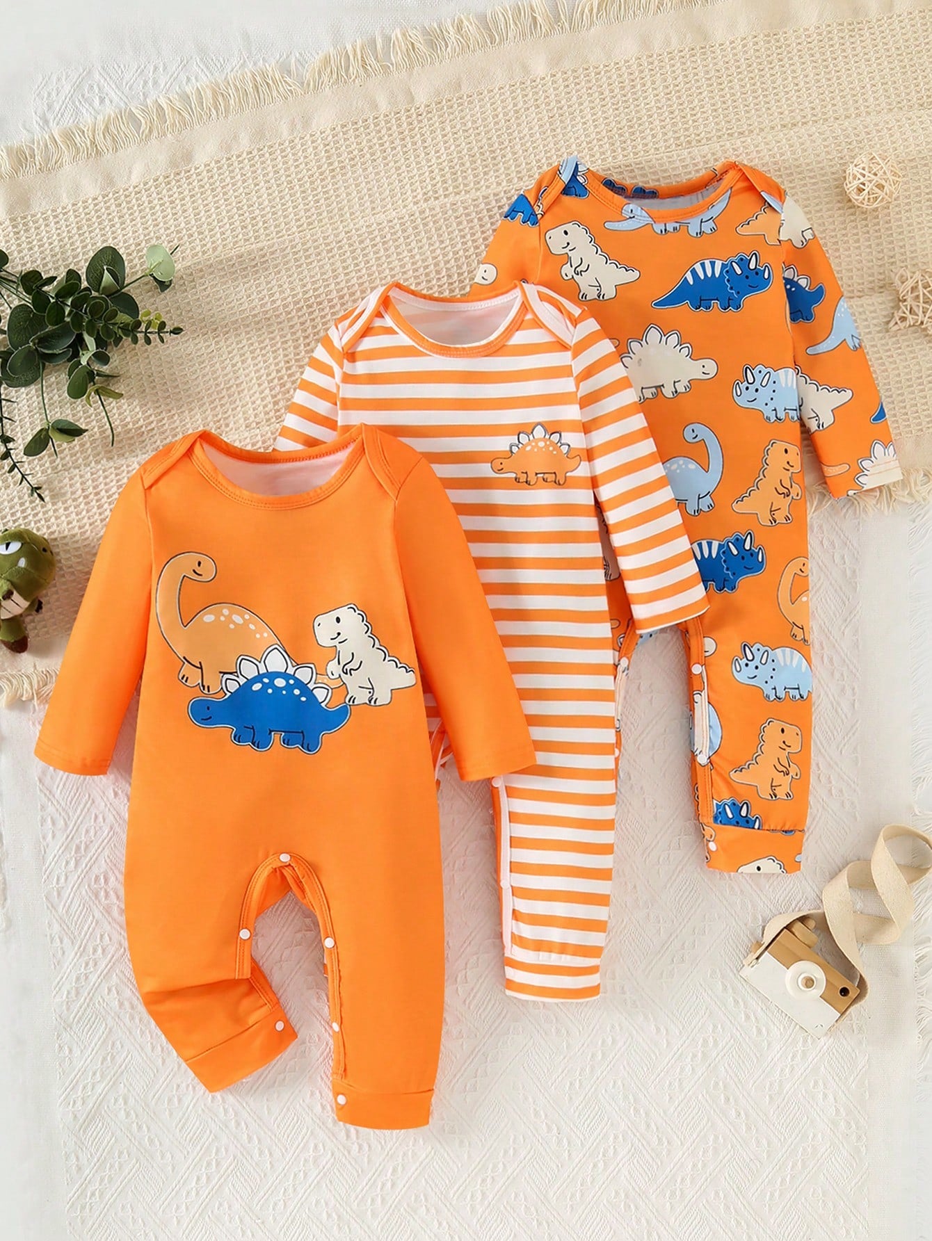 3pcs/Set Baby Boy Long Sleeve Romper With Snap Crotch, Striped Dinosaur Print, Basic Fashion Cute Design, Suitable For Spring Summer Autumn Casual Daily Wear And Outings
