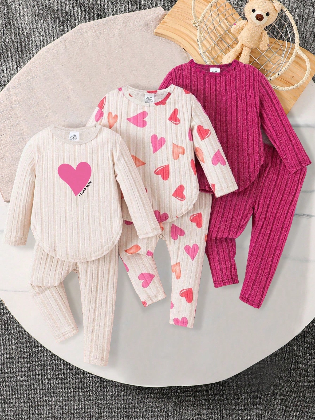 3pcs/Set Baby Girls 0-3 Years Old Heart Print Long Sleeve Outfit, Soft Long Sleeve Top + Heart Print Pants, Newborn Baby Long Sleeve Pants Set, French Style Design Suitable For Outings, Casual, Partie