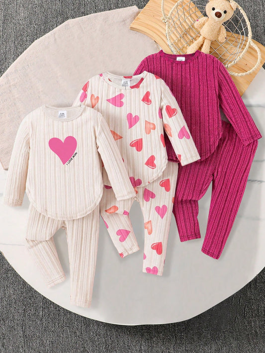 3pcs/Set Baby Girls 0-3 Years Old Heart Print Long Sleeve Outfit, Soft Long Sleeve Top + Heart Print Pants, Newborn Baby Long Sleeve Pants Set, French Style Design Suitable For Outings, Casual, Partie