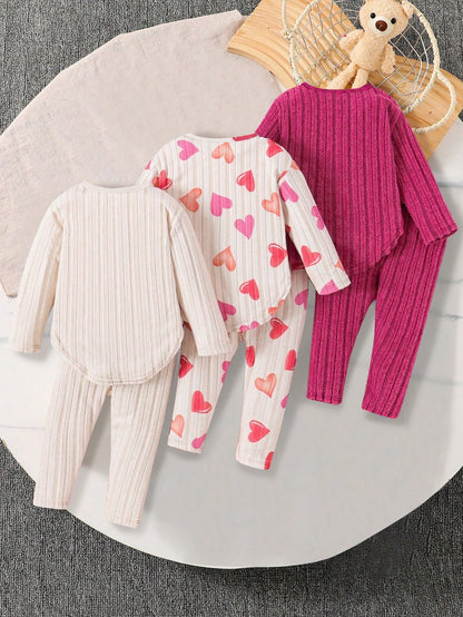 3pcs/Set Baby Girls 0-3 Years Old Heart Print Long Sleeve Outfit, Soft Long Sleeve Top + Heart Print Pants, Newborn Baby Long Sleeve Pants Set, French Style Design Suitable For Outings, Casual, Partie