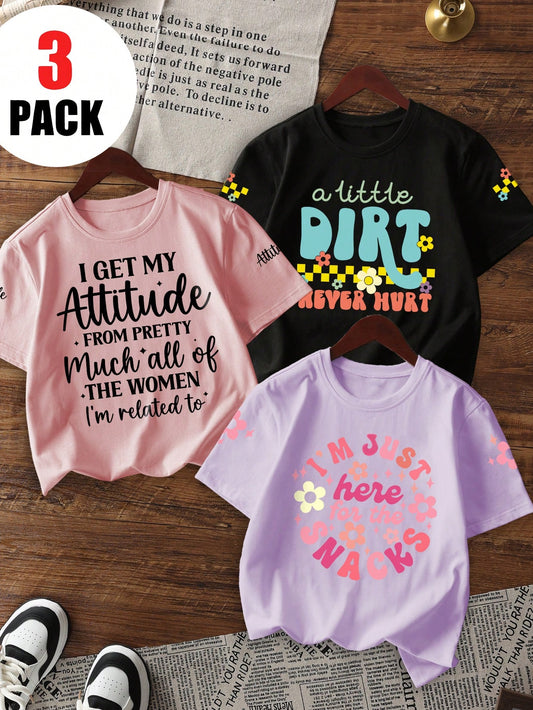 3pcs/Set Girls Casual Printed Round Neck Short Sleeve T-Shirts, Summer Baby Girl Clothing- Eye-Catching T-Shirts That Bring Joy And Happiness To Every Child!