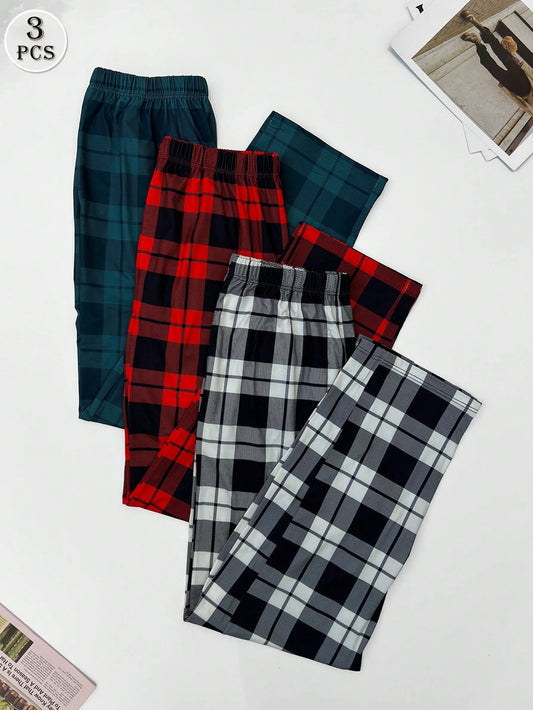 3pcs/Set Men's Plaid Print Straight Leg Pajama Pants, Breathable Loose Fit Elastic Waist Long Pants With Pockets, Multi-Color Autumn/Winter Casual Set