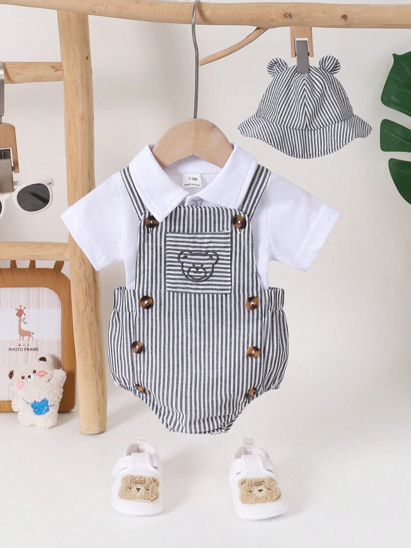 3pcs/Set Newborn Baby Boys' Black And White Striped Bear Overalls Short Sleeve Collar Shirt & Hat Cute Summer Family Matching Romper Outfit