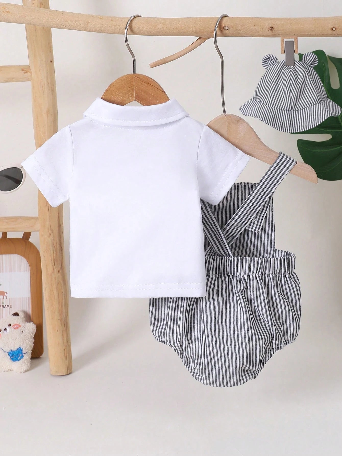 3pcs/Set Newborn Baby Boys' Black And White Striped Bear Overalls Short Sleeve Collar Shirt & Hat Cute Summer Family Matching Romper Outfit