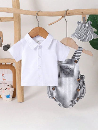3pcs/Set Newborn Baby Boys' Black And White Striped Bear Overalls Short Sleeve Collar Shirt & Hat Cute Summer Family Matching Romper Outfit